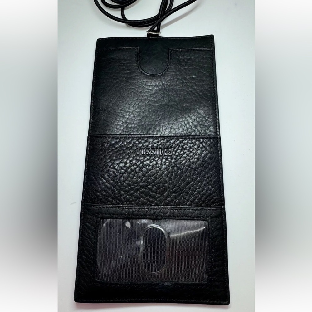Fossil Genuine Leather Black Anti Theft Neck Travel Wallet Passport Holder EUC